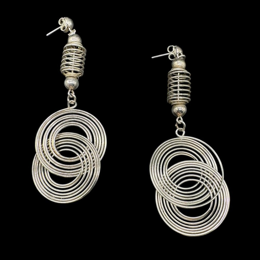 Silver Tone Statement Earrings Pierced Metal Large Circles Dangling Modern